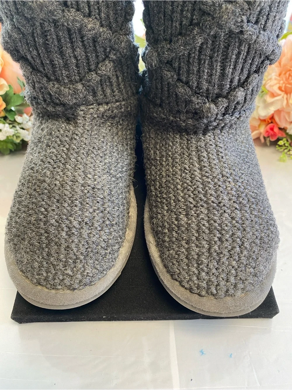 UGG Classic Argyle Knit Tall Sweater Boots Charcoal Gray Sheepskin Women’s 6